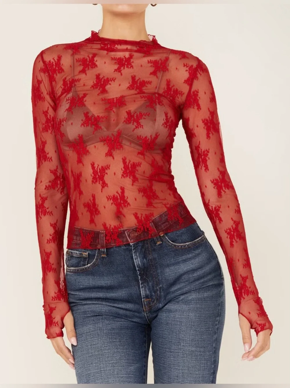 Free People Intimately Red Lace Long-Sleeve Layering Top - Size M